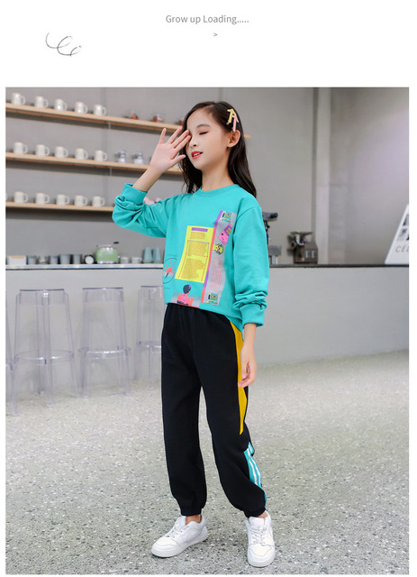 Dwuczęściowy garnitur sportowy dla dzieci - dziewczyna z długim rękawem, 2pc zestaw: koszulka z literami i spodnie dresowe - rozmiary od 4 do 14 - Wianko - 18
