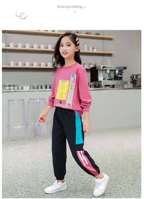 Dwuczęściowy garnitur sportowy dla dzieci - dziewczyna z długim rękawem, 2pc zestaw: koszulka z literami i spodnie dresowe - rozmiary od 4 do 14 - Wianko - 4