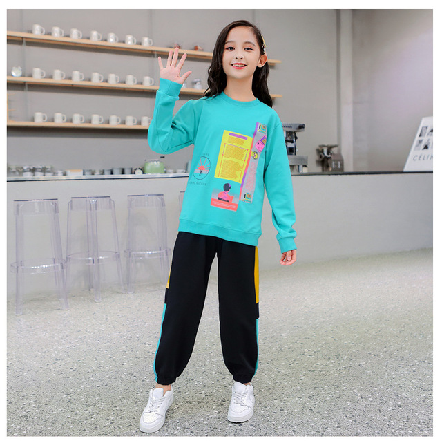 Dwuczęściowy garnitur sportowy dla dzieci - dziewczyna z długim rękawem, 2pc zestaw: koszulka z literami i spodnie dresowe - rozmiary od 4 do 14 - Wianko - 15