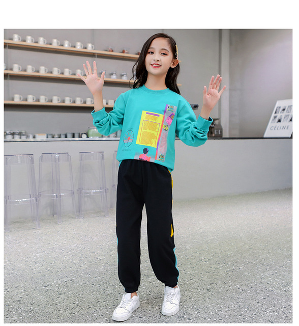 Dwuczęściowy garnitur sportowy dla dzieci - dziewczyna z długim rękawem, 2pc zestaw: koszulka z literami i spodnie dresowe - rozmiary od 4 do 14 - Wianko - 20