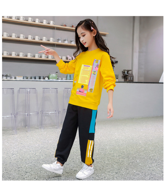 Dwuczęściowy garnitur sportowy dla dzieci - dziewczyna z długim rękawem, 2pc zestaw: koszulka z literami i spodnie dresowe - rozmiary od 4 do 14 - Wianko - 13