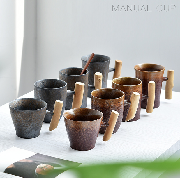 Kubek do kawy termiczny Rust Glaze ceramiczny styl japoński z drewnianym uchwytem i łyżeczką - Wianko - 1