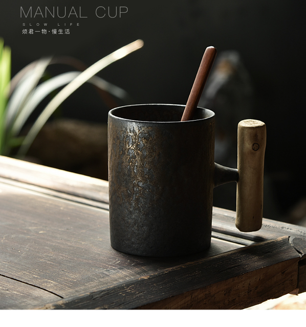 Kubek do kawy termiczny Rust Glaze ceramiczny styl japoński z drewnianym uchwytem i łyżeczką - Wianko - 4