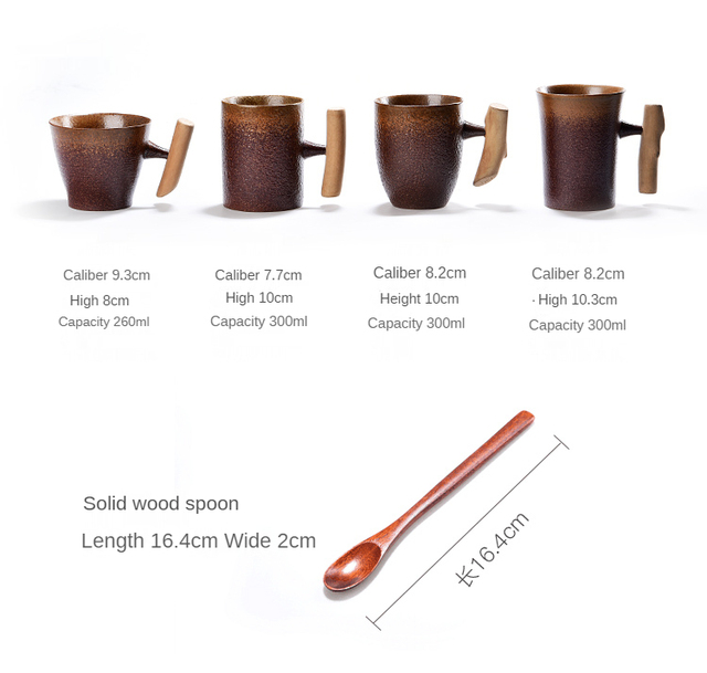 Kubek do kawy termiczny Rust Glaze ceramiczny styl japoński z drewnianym uchwytem i łyżeczką - Wianko - 3