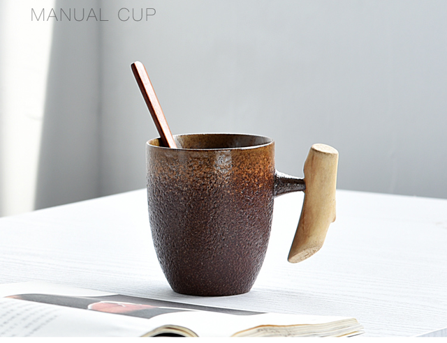 Kubek do kawy termiczny Rust Glaze ceramiczny styl japoński z drewnianym uchwytem i łyżeczką - Wianko - 10