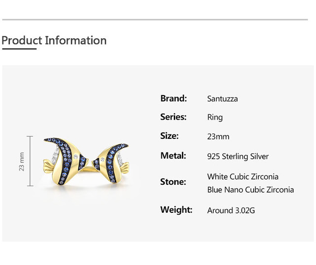 Pierścień SANTUZZA z czystego srebra próby 925 dla kobiet z błyszczącą niebieską białą cyrkonią, regulowany, przedstawiający piękną rybę, wysokiej jakości biżuteria - Wianko - 4
