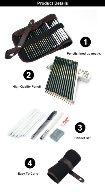 Zestaw 29 profesjonalnych drewnianych ołówków do szkicowania w torbie dla malarzy, uczniów i artystów - Wianko - 4