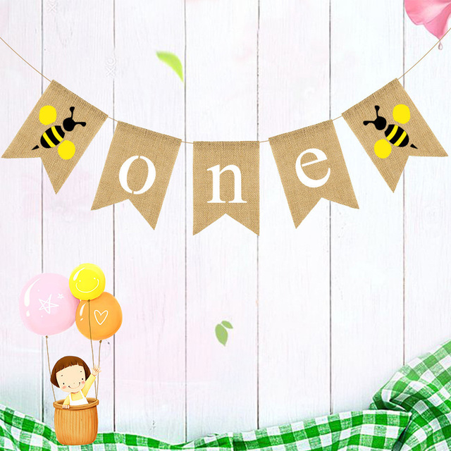 Zestaw Chorągiewek na 1. urodziny - pszczoła, trznadel Swallowtail i sztandar jutowy - Baby Shower Garland - Wianko - 4
