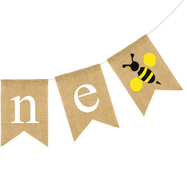 Zestaw Chorągiewek na 1. urodziny - pszczoła, trznadel Swallowtail i sztandar jutowy - Baby Shower Garland - Wianko - 2