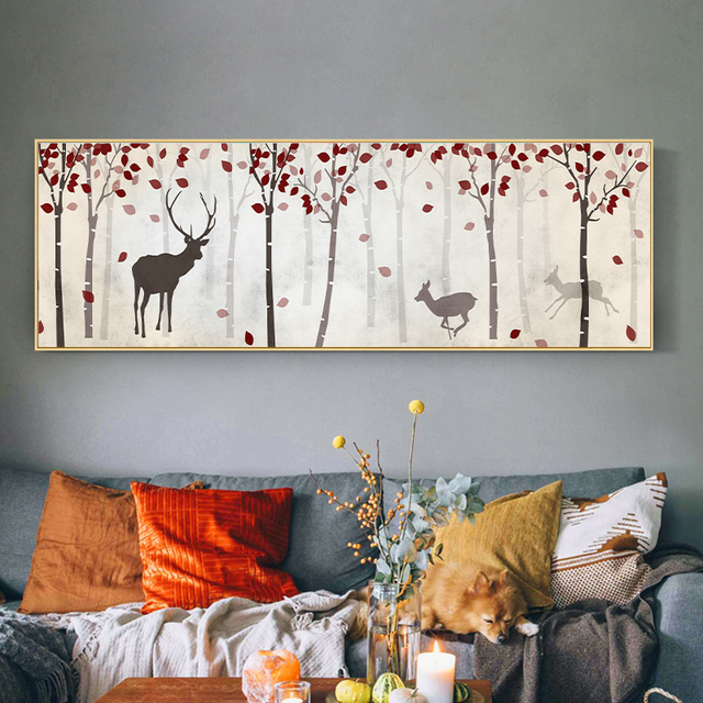 Abstrakcyjne malarstwo na płótnie Nordic Deer - czerwony kwiat i zielony liść - plakaty i obrazy na ścianę do dekoracji sypialni i domu - Wianko - 9