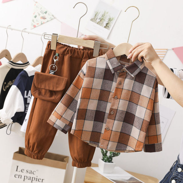 Zestaw ubrań dla chłopców: koszula w kratkę + spodnie wiosna/jesień, bawełna, maluch, klapa - Wianko - 3