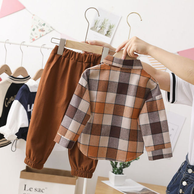 Zestaw ubrań dla chłopców: koszula w kratkę + spodnie wiosna/jesień, bawełna, maluch, klapa - Wianko - 4