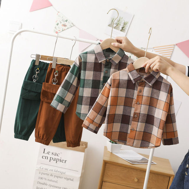 Zestaw ubrań dla chłopców: koszula w kratkę + spodnie wiosna/jesień, bawełna, maluch, klapa - Wianko - 29
