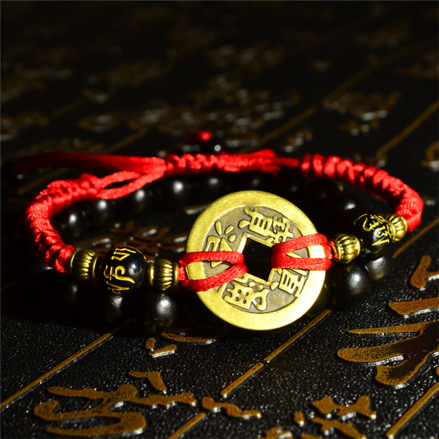 Pleciona bransoletka Feng Shui z drewna hebanowego, koralików, nici lnianych i miedzianej monety z czarnym buddą – amulet bogactwa, czarna szczęśliwa linia - Wianko - 4