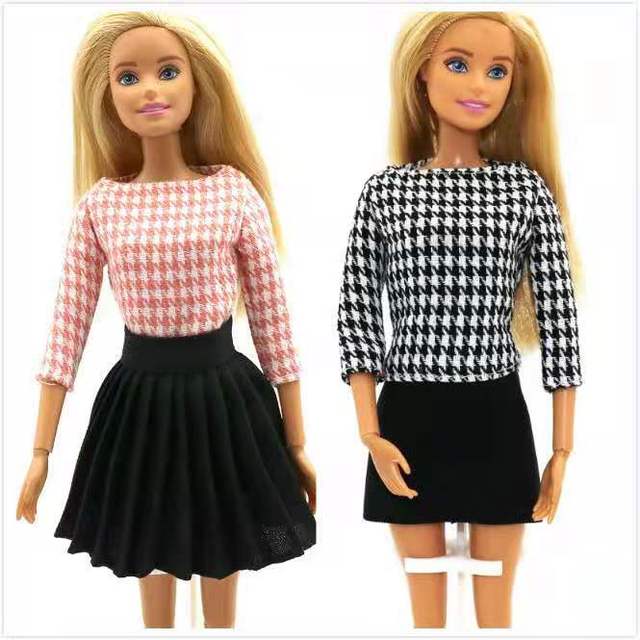 Różowo-czarna modowa koszula z długim rękawem i spódnica w stylu Houndstooth dla lalki Barbie o długości 11.5 cala - Akcesorium do domku dla lalek dla dzieciatrek 11.5 - Wianko - 2
