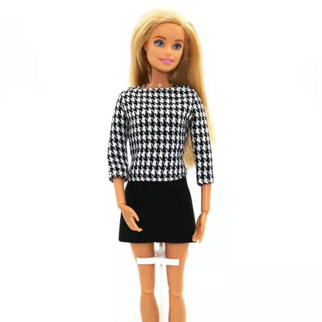Różowo-czarna modowa koszula z długim rękawem i spódnica w stylu Houndstooth dla lalki Barbie o długości 11.5 cala - Akcesorium do domku dla lalek dla dzieciatrek 11.5 - Wianko - 4