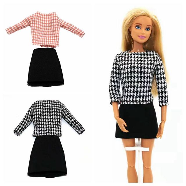 Różowo-czarna modowa koszula z długim rękawem i spódnica w stylu Houndstooth dla lalki Barbie o długości 11.5 cala - Akcesorium do domku dla lalek dla dzieciatrek 11.5 - Wianko - 1