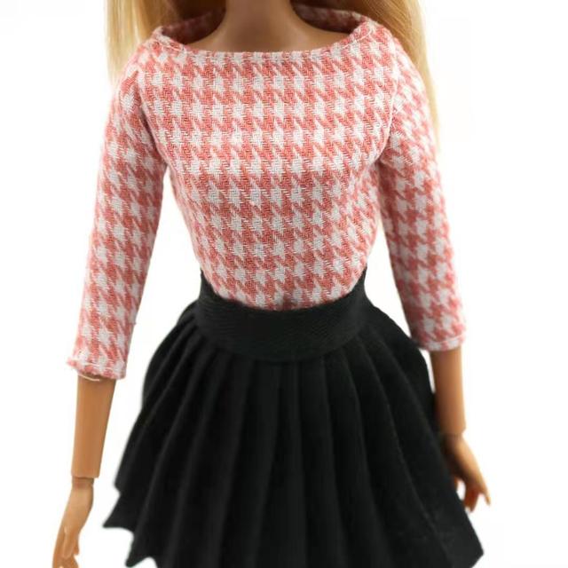 Różowo-czarna modowa koszula z długim rękawem i spódnica w stylu Houndstooth dla lalki Barbie o długości 11.5 cala - Akcesorium do domku dla lalek dla dzieciatrek 11.5 - Wianko - 6