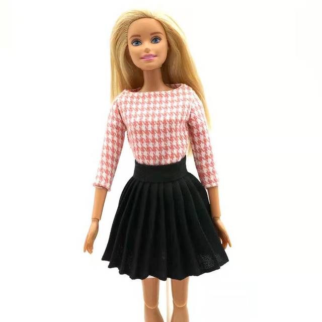 Różowo-czarna modowa koszula z długim rękawem i spódnica w stylu Houndstooth dla lalki Barbie o długości 11.5 cala - Akcesorium do domku dla lalek dla dzieciatrek 11.5 - Wianko - 3
