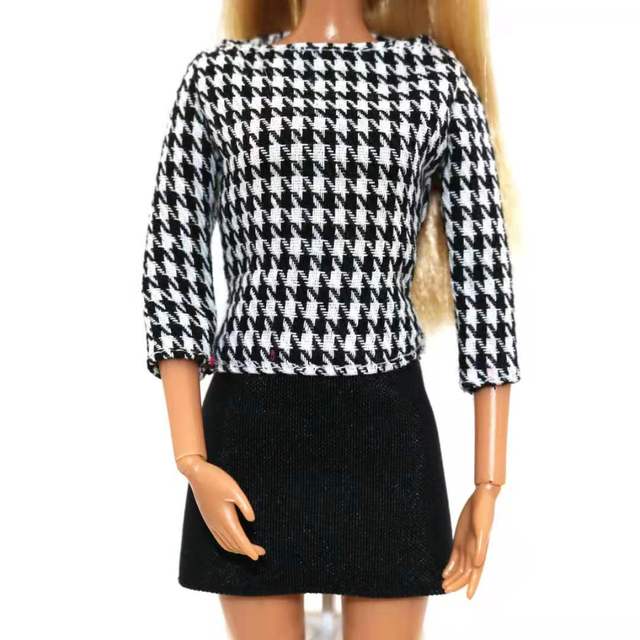 Różowo-czarna modowa koszula z długim rękawem i spódnica w stylu Houndstooth dla lalki Barbie o długości 11.5 cala - Akcesorium do domku dla lalek dla dzieciatrek 11.5 - Wianko - 5