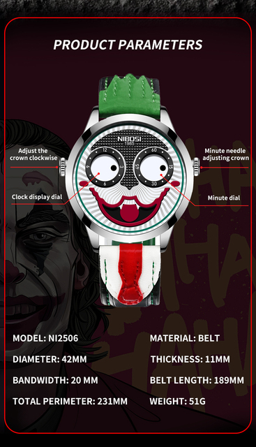 Zegarek męski Joker 2021 Top marka kreatywny moda osobowość Clown skóra Quartz wodoodporny sportowy - Wianko - 3