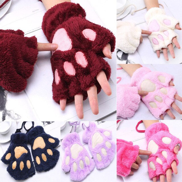 Rękawiczki zimowe Mitts Faux Fur śliczne Kitten bez palców Plus, aksamitne, ciepłe rękawiczki z pogrubieniem - Wianko - 1