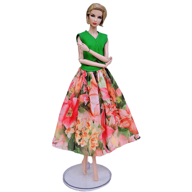 Modna sukienka zielony top i kolorowa kwiatowa spódnica dla lalki Barbie 1/6 - akcesoria dla dzieci - Wianko - 2
