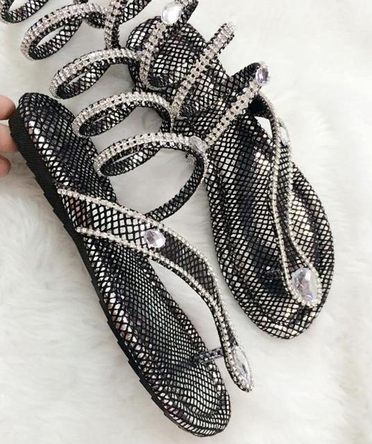 Sandały damskie Plus size, czarne, złote i srebrne, kryształowe, ze wężowym wzorem na płaskim obcasie - rozmiar 34-46 - Wianko - 11