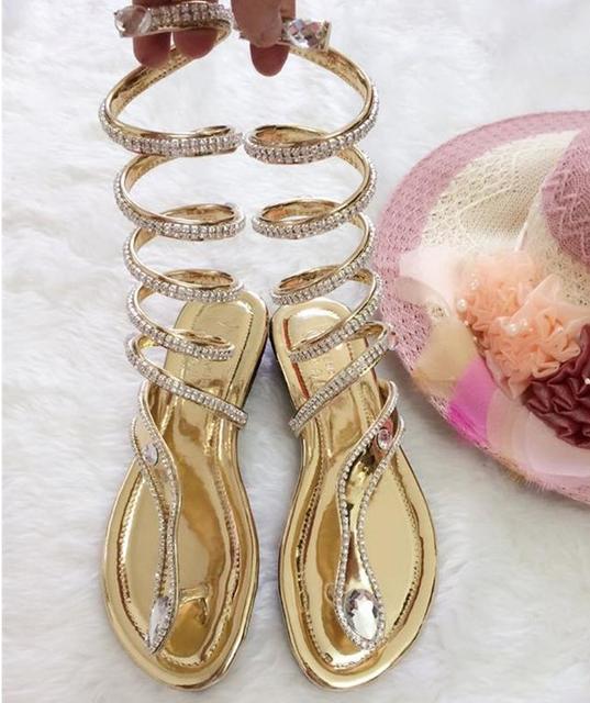 Sandały damskie Plus size, czarne, złote i srebrne, kryształowe, ze wężowym wzorem na płaskim obcasie - rozmiar 34-46 - Wianko - 7
