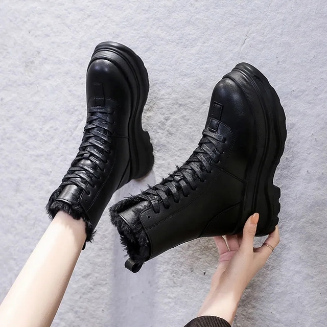 Pofulove czarne brązowe buty zimowe damskie na platformie - płaskie obcasy - skórzane - botki Goth - Wianko - 13
