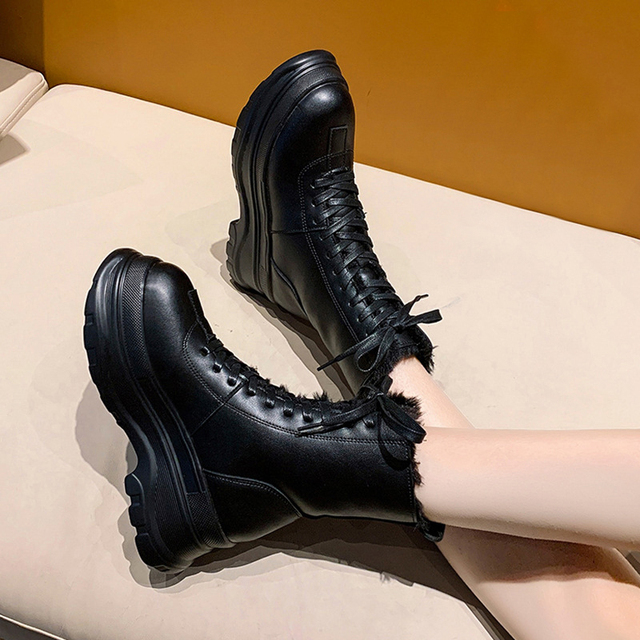 Pofulove czarne brązowe buty zimowe damskie na platformie - płaskie obcasy - skórzane - botki Goth - Wianko - 24