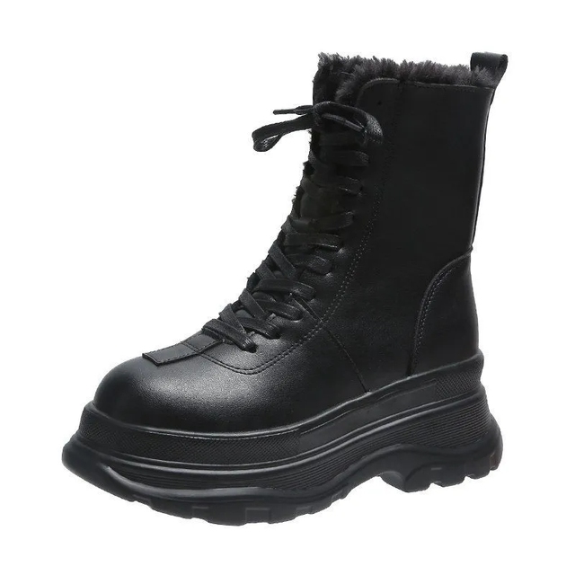 Pofulove czarne brązowe buty zimowe damskie na platformie - płaskie obcasy - skórzane - botki Goth - Wianko - 28