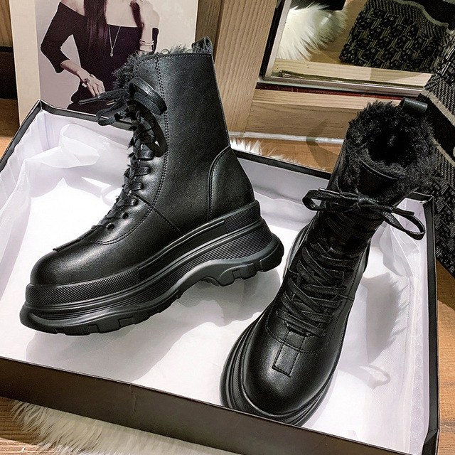 Pofulove czarne brązowe buty zimowe damskie na platformie - płaskie obcasy - skórzane - botki Goth - Wianko - 27
