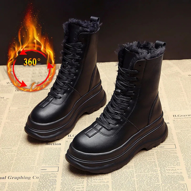 Pofulove czarne brązowe buty zimowe damskie na platformie - płaskie obcasy - skórzane - botki Goth - Wianko - 26