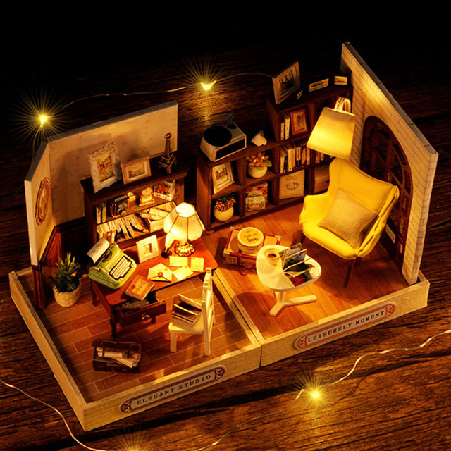 Drewniane miniaturowe domki dla lalek - zestaw mebli i teatr zabawka na urodziny dzieci - Wianko - 4