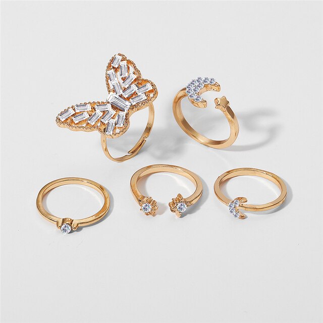 Pierścionki z motylkiem Vintage kryształowe zestaw złote w kolorze Boho Moon Star Finger - Trend biżuteria Party 2021 - Wianko - 2