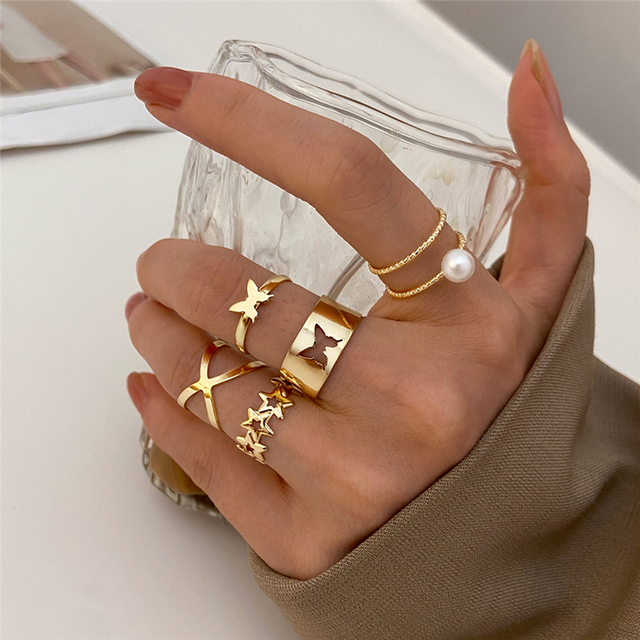 Pierścionki z motylkiem Vintage kryształowe zestaw złote w kolorze Boho Moon Star Finger - Trend biżuteria Party 2021 - Wianko - 18