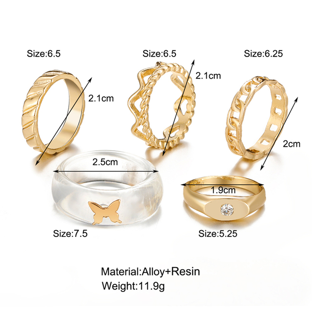 Pierścionki z motylkiem Vintage kryształowe zestaw złote w kolorze Boho Moon Star Finger - Trend biżuteria Party 2021 - Wianko - 5