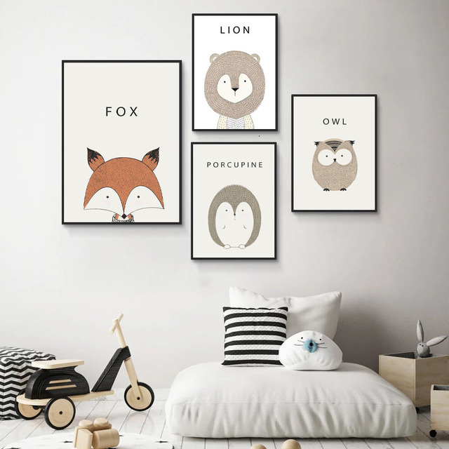 Minimalistyczne plakaty na płótnie - Przedszkole Cartoon Animal Deer Lion Bear - Nowoczesna sztuka ścian - Wystrój pokoju dziecka - Wianko - 2