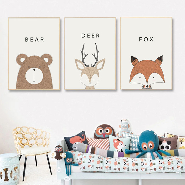 Minimalistyczne plakaty na płótnie - Przedszkole Cartoon Animal Deer Lion Bear - Nowoczesna sztuka ścian - Wystrój pokoju dziecka - Wianko - 3