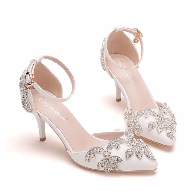 Luksusowe sandały damskie na słupku, białe, z 7 cm obcasem i kryształami, rozmiar 43 - Wianko - 11