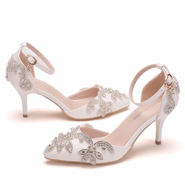 Luksusowe sandały damskie na słupku, białe, z 7 cm obcasem i kryształami, rozmiar 43 - Wianko - 12