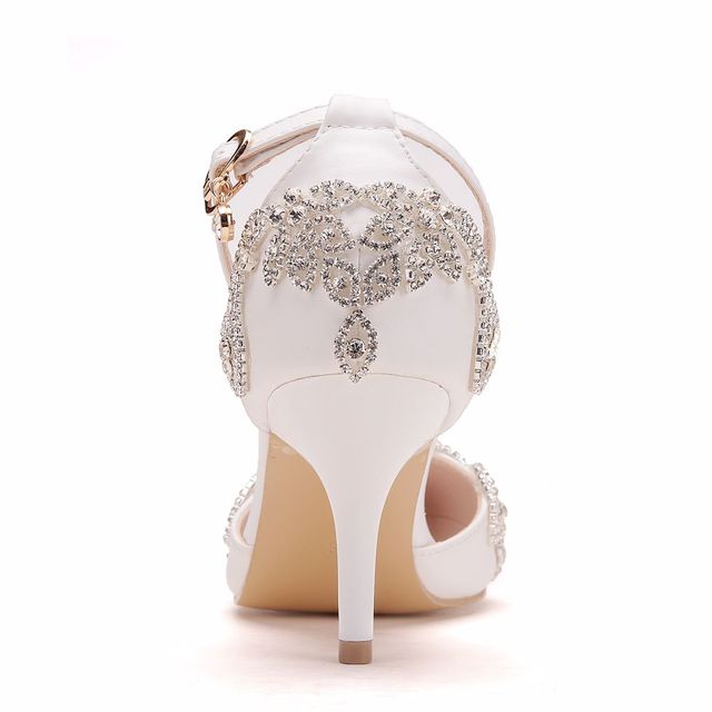 Luksusowe sandały damskie na słupku, białe, z 7 cm obcasem i kryształami, rozmiar 43 - Wianko - 7