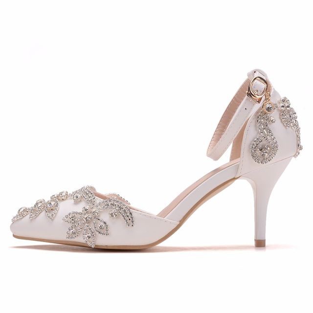 Luksusowe sandały damskie na słupku, białe, z 7 cm obcasem i kryształami, rozmiar 43 - Wianko - 6