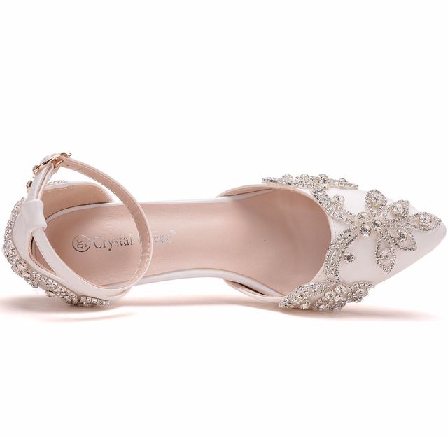 Luksusowe sandały damskie na słupku, białe, z 7 cm obcasem i kryształami, rozmiar 43 - Wianko - 9