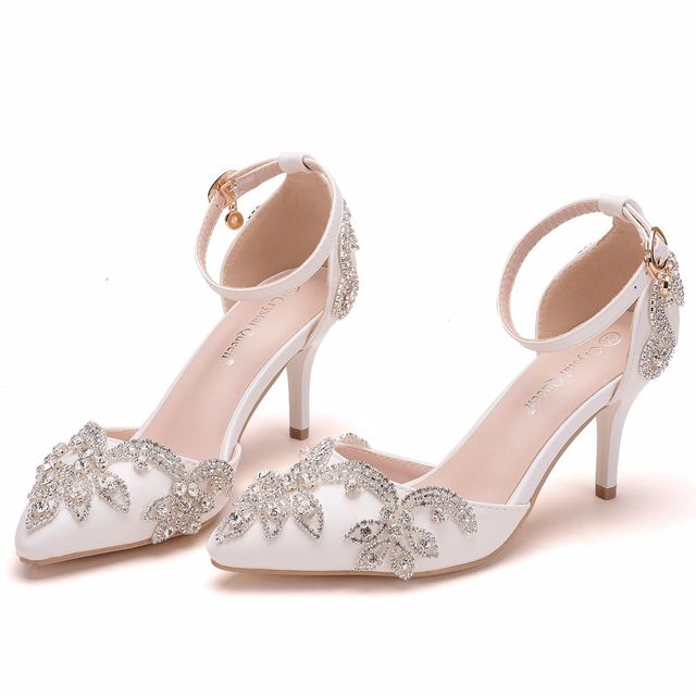 Luksusowe sandały damskie na słupku, białe, z 7 cm obcasem i kryształami, rozmiar 43 - Wianko - 10