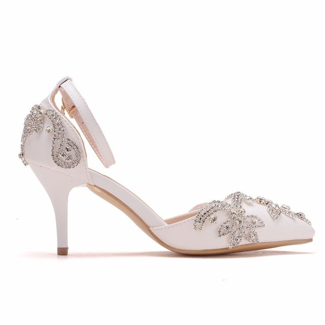 Luksusowe sandały damskie na słupku, białe, z 7 cm obcasem i kryształami, rozmiar 43 - Wianko - 8