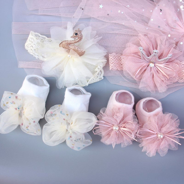 Zestaw 2 sztuk skarpetek dla dziewczynek - księżniczka, koronkowe łuki, pałąk - prezenty dla noworodków - Wianko - 1