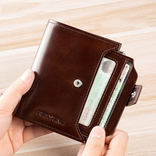 Męski portfel RFID ze skóry naturalnej - krótki pionowy, dwu- lub trzy-składany, pojemnik na karty, zamykany na zamek błyskawiczny, z przegródką na monety - Wianko - 6