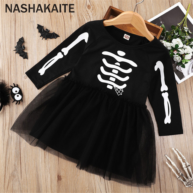 Halloweenowe przebranie dla dzieci: czarna czaszka z długim rękawem tiulowe sukienki kostiumowe dla dziewczynki - Wianko - 2